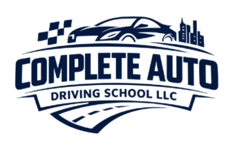 Complete Auto Driving School LLC logo featuring a car, city skyline, and road